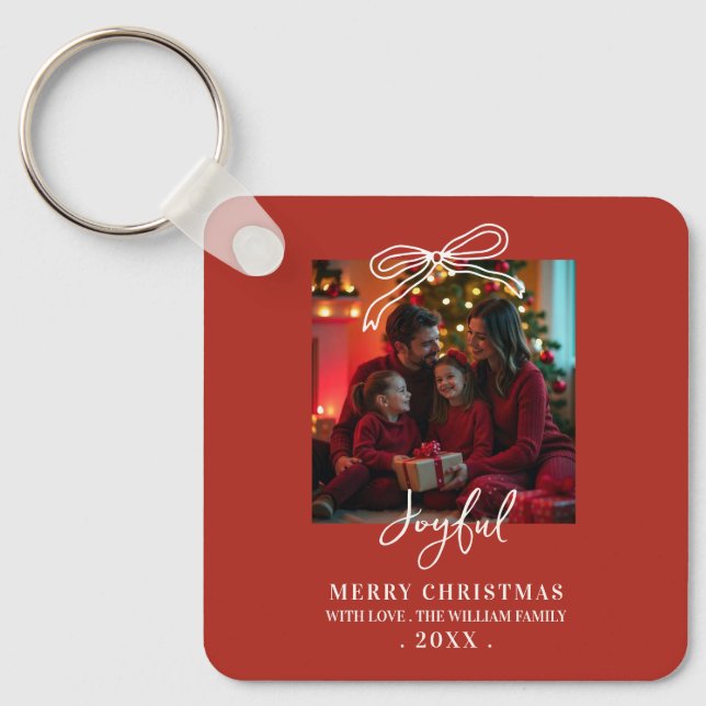 doodle bow Timeless Script Family Photo Christmas Keychain (Front)