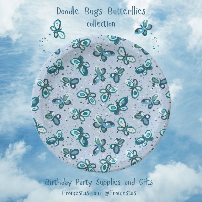 Doodle Bugs Butterflies - blue - seamless pattern. Paper Plate (Creator Uploaded)