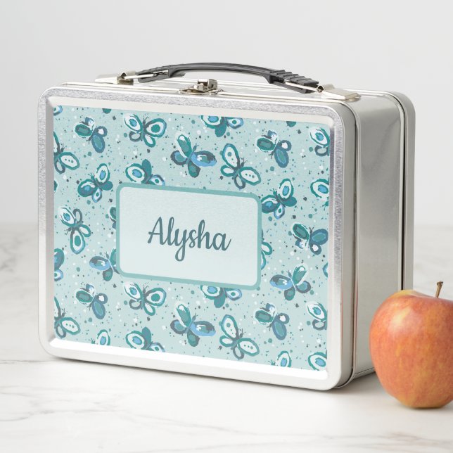 Doodle Bugs Butterflies - turquoise - kids pattern Metal Lunch Box (In Situ)