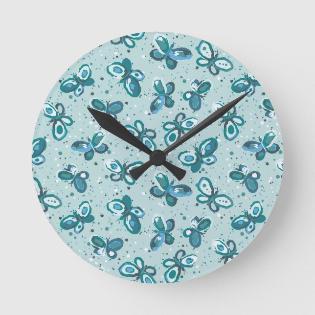 Doodle Bugs Butterflies - turquoise - pattern. Round Clock (Front)