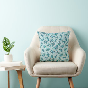 Doodle Bugs Butterflies - turquoise - pattern. Throw Pillow