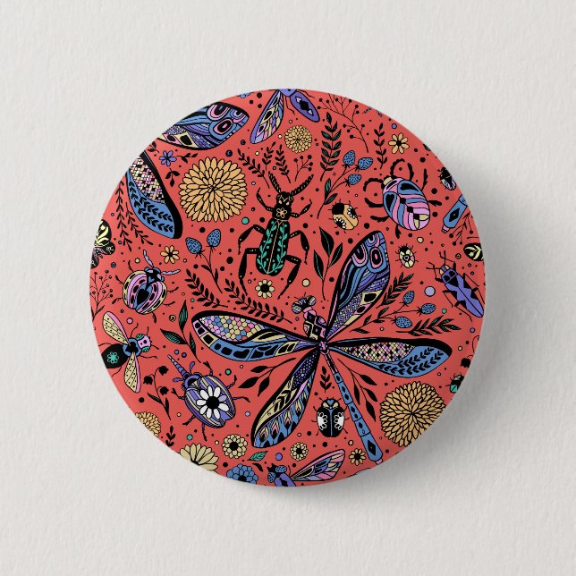 Doodle bugs on coral red 2 inch round button (Front)