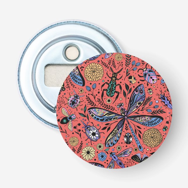 Doodle bugs on coral red bottle opener (Front)