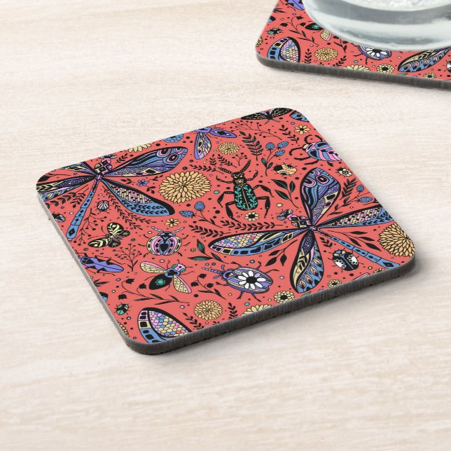 Doodle bugs on coral red coaster (Left Side)