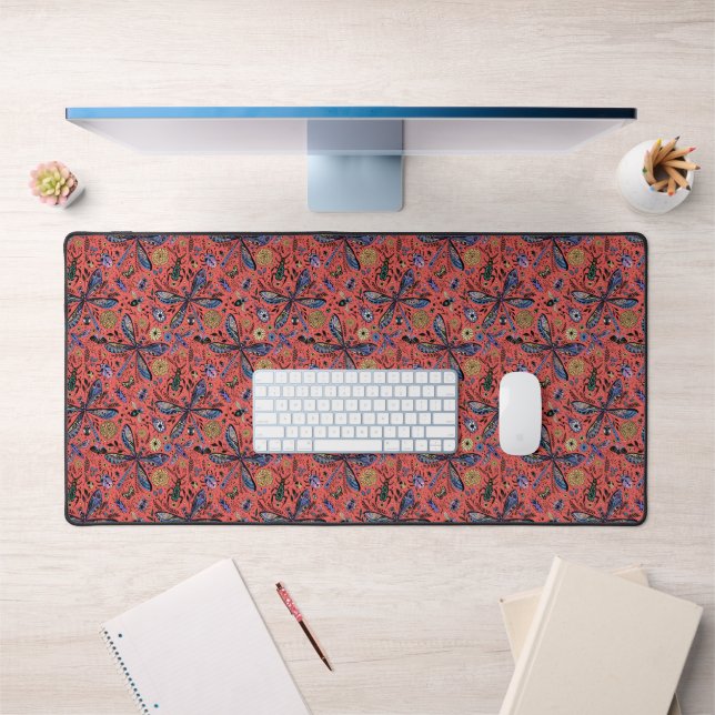 Doodle bugs on coral red desk mat (Office 1)