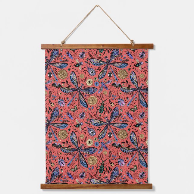 Doodle bugs on coral red hanging tapestry (Front)