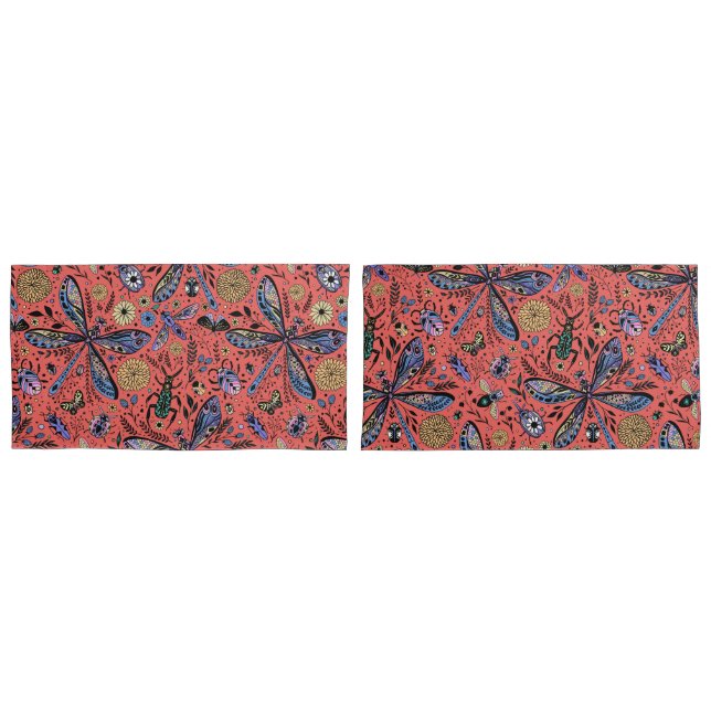 Doodle bugs on coral red pillowcase (Front-Set)