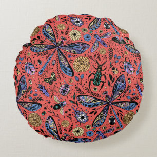 Doodle bugs on coral red round pillow
