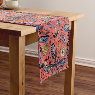 Doodle bugs on coral red short table runner