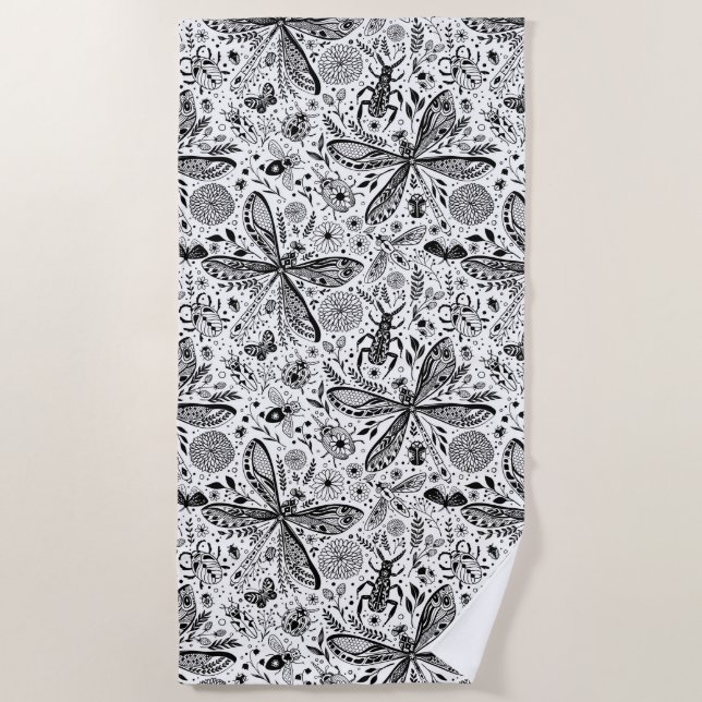 Doodle bugs on dark blue beach towel (Front)