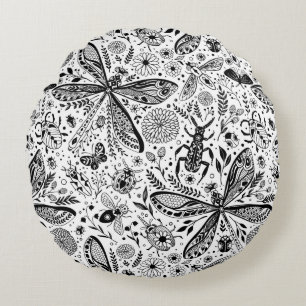 Doodle bugs on dark blue round pillow