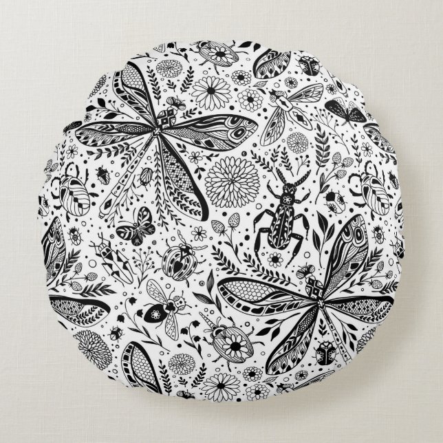 Doodle bugs on dark blue round pillow (Front)