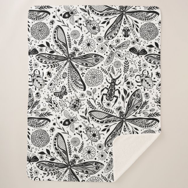 Doodle bugs on dark blue sherpa blanket (Front)