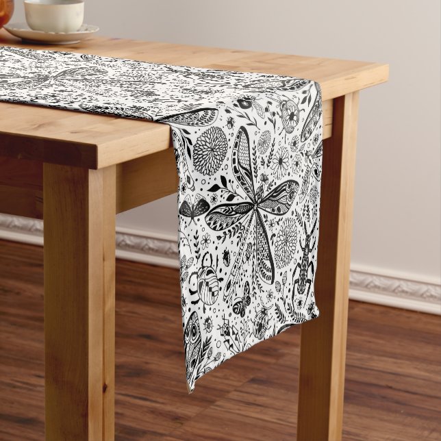 Doodle bugs on dark blue short table runner (In Situ)
