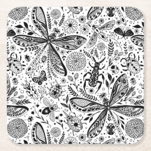 Doodle bugs on dark blue square paper coaster