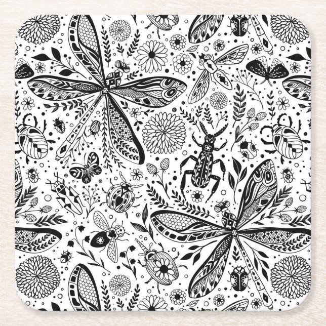 Doodle bugs on dark blue square paper coaster (Front)