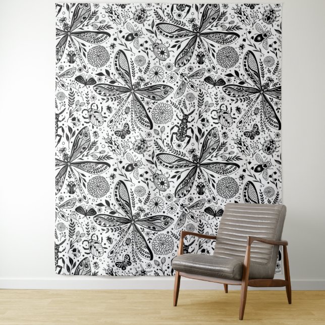 Doodle bugs on dark blue tapestry (In Situ)