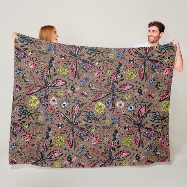 Doodle bugs on mocha brown fleece blanket (In Situ)