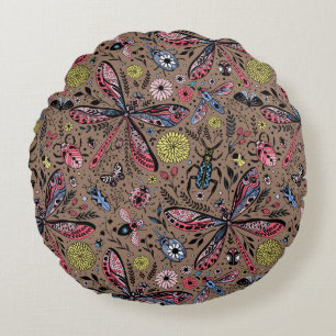 Doodle bugs on mocha brown round pillow