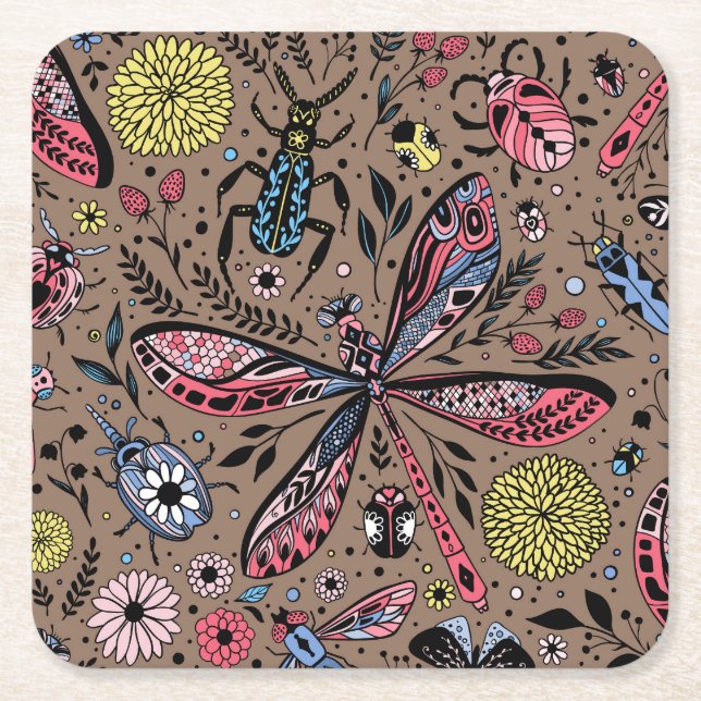 Doodle bugs on mocha brown square paper coaster (Front)