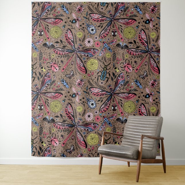 Doodle bugs on mocha brown tapestry (In Situ)