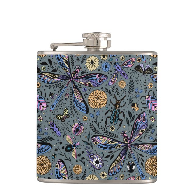 Doodle bugs on slater grey hip flask (Front)