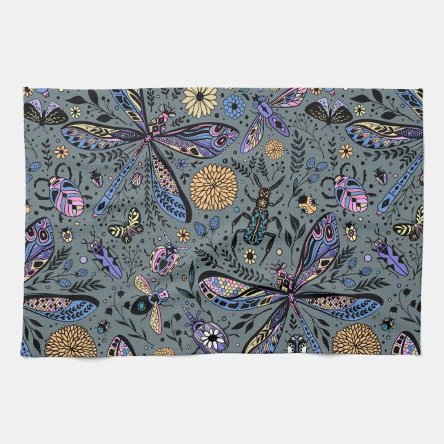 Doodle bugs on slater grey kitchen towel (Horizontal)