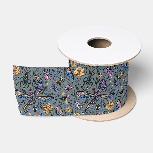Doodle bugs on slater grey satin ribbon (Spool)