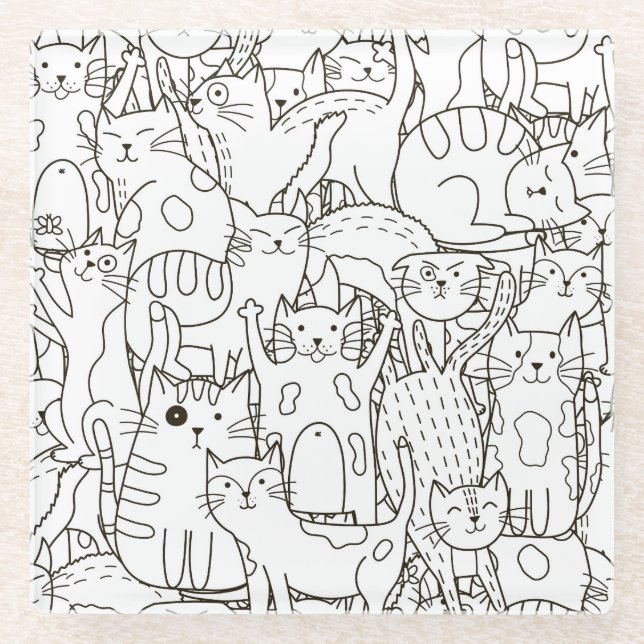 Doodle cats: black and white. glass coaster (Front)