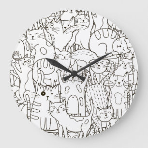 Doodle cats: black and white. large clock