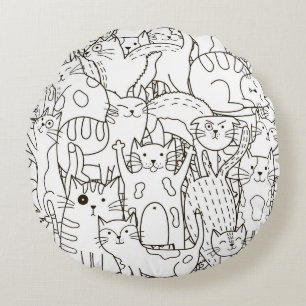 Doodle cats: black and white. round pillow