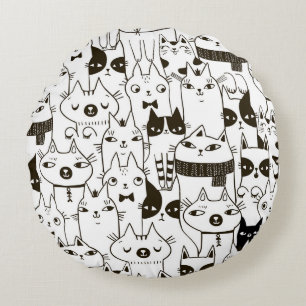 Doodle cats: funny seamless pattern. round pillow