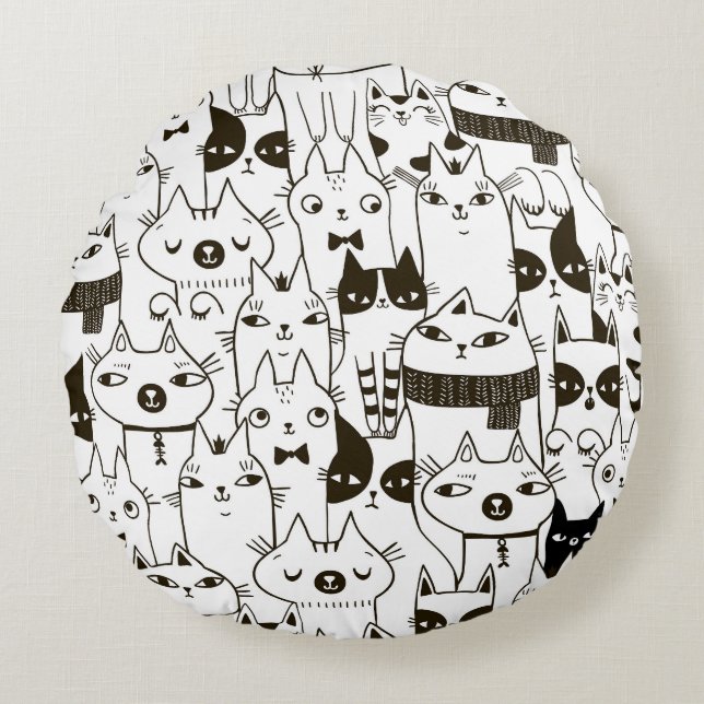 Doodle cats: funny seamless pattern. round pillow (Front)