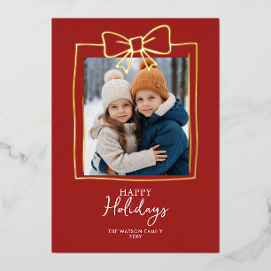 Doodle Christmas 4 Photo Hand-Drawn Bow Ribbon  Foil Holiday Card