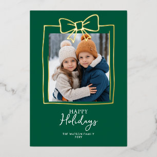 Doodle Christmas 4 Photo Hand-Drawn Bow Ribbon  Foil Holiday Card