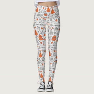 Doodle Christmas Orange Grey Pattern Leggings