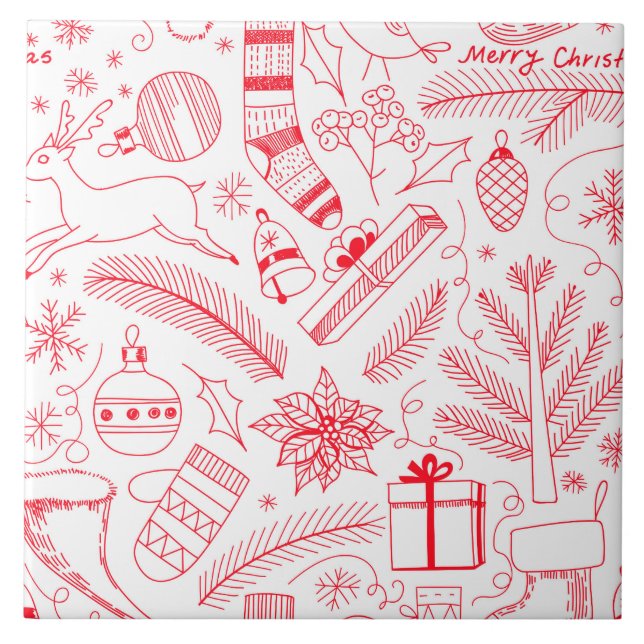 Doodle Christmas pattern red Tile (Front)