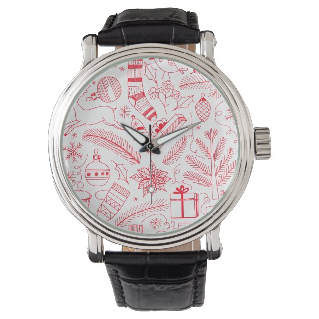 Doodle Christmas pattern red Watch (Front)