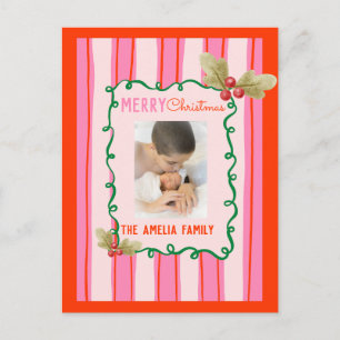  Doodle Christmas Pink Red Border Photo Holiday  Postcard