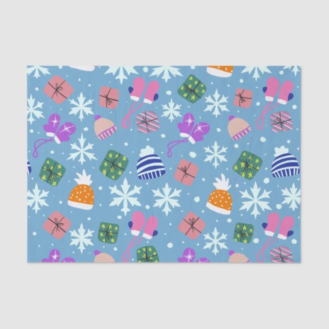 Doodle Christmas Winter Gloves Gifts Hats Blue Tissue Paper (Front)