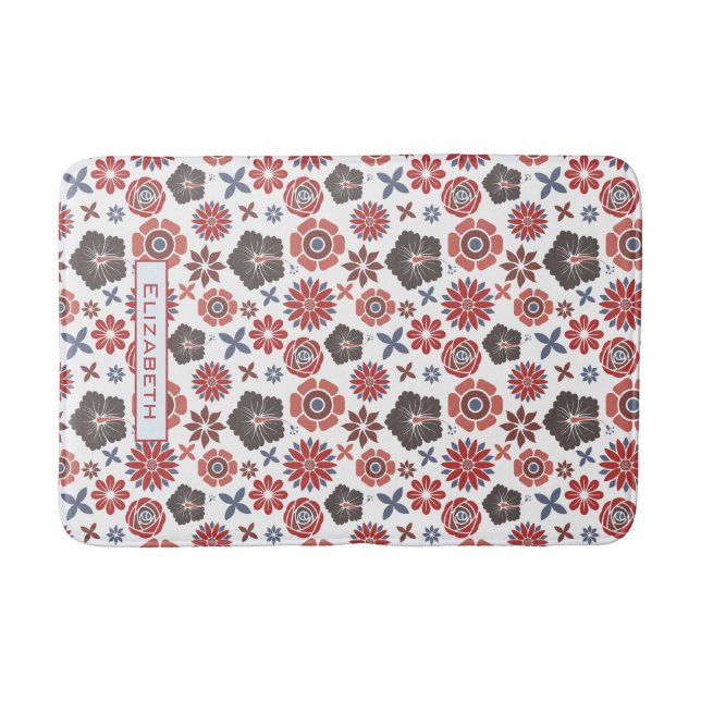Doodle colourful floral pattern personalized name  bath mat (Front)