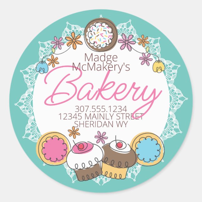 Doodle cookies cupcakes baking bakery personalized classic round sticker (Front)