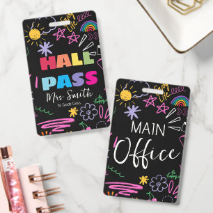 Doodle Custom School Hall Pass rainbow Lanyard  Badge