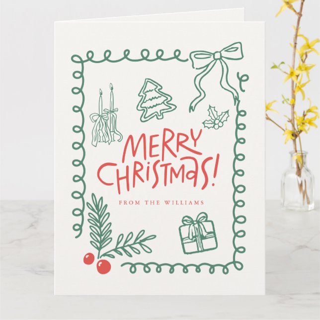 doodle cute whimsical merry christmas  card (Yellow Flower)