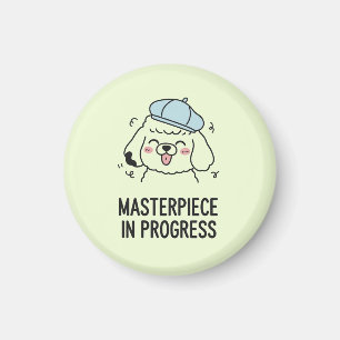 Doodle Dog Artist Blue Beret Yellow Green Kitchen Magnet