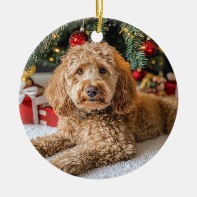 Doodle Dog Christmas Ceramic Ornament (Front)