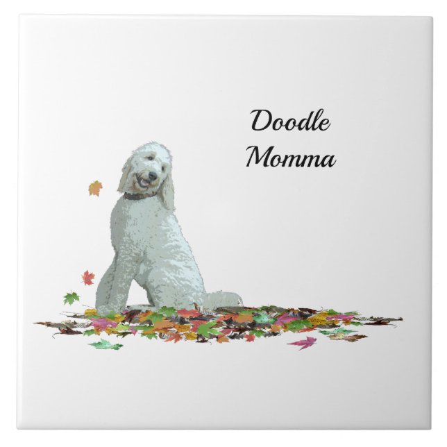 Doodle Dog In Leaves Ceramic Tile (Front)