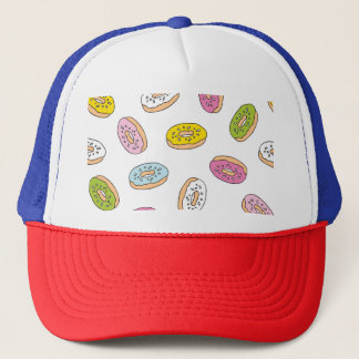 Doodle doughnuts pattern, seamless design. trucker hat