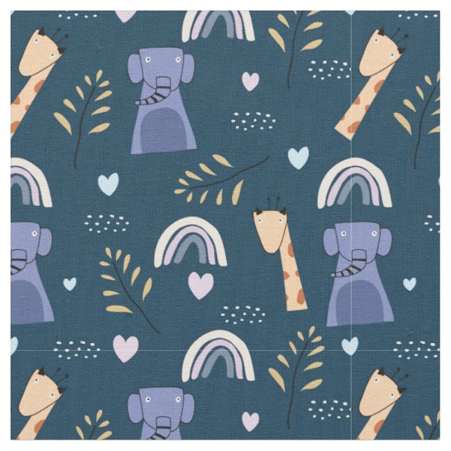 Doodle Elephants & Giraffes Pattern Fabric (Close Up)