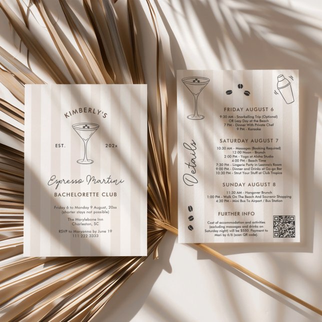 Doodle Espresso Martini Social Club Bachelorette Invitation (Espresso Martini Social Club Coffee Theme Bachelorette Party Weekend Invitations in brown & charcoal)
